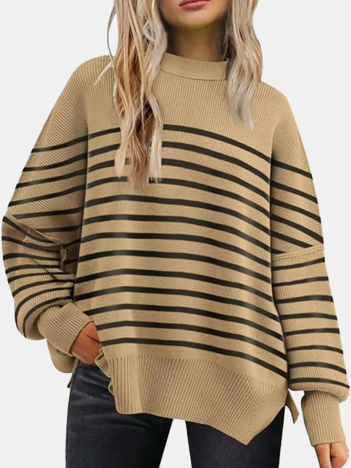Maxct &Round Neck Drop Shoulder Slit Sweater