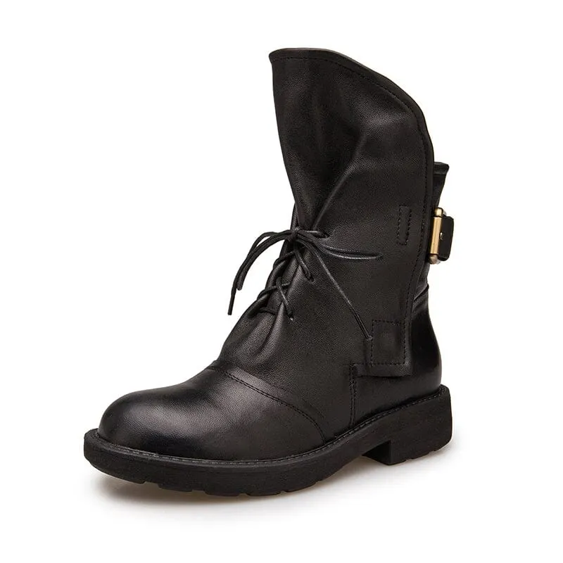 Womens Retro Sheepskin Short Boots for Winter Lace Up Buckles Boots Coffee/Black Maxct
