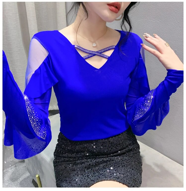 Maxct Spring Summer T-shirts Women V-neck Ruffles Long Sleeve Solid Mesh Elastic Tops Tees Female Fashion Diamonds T Shirt