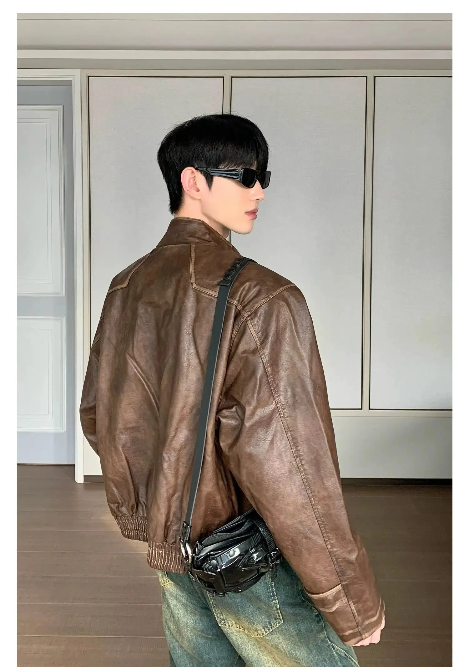 Maxct Stand Collar Cotton PU Leather Bomber Jacket