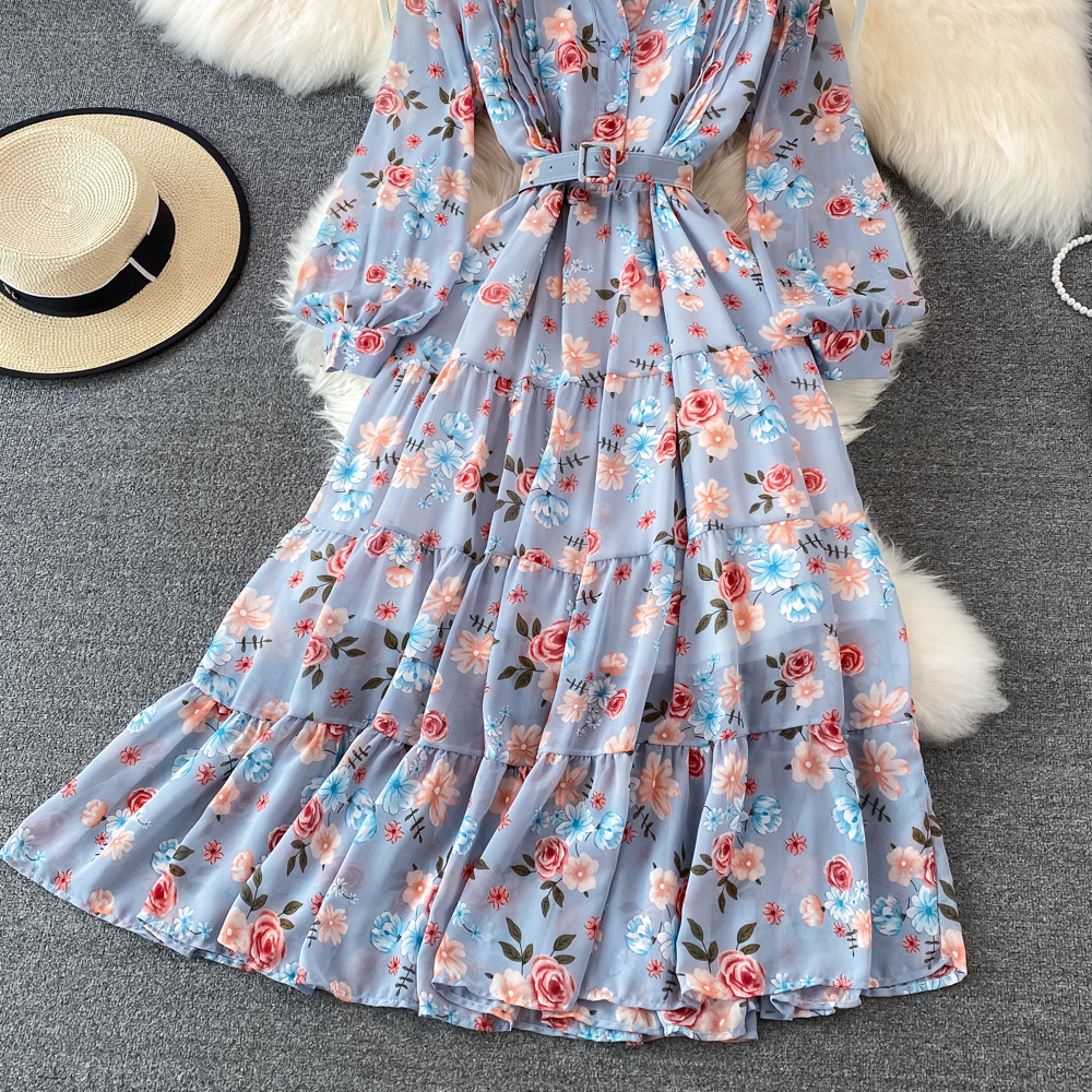 Floral Midi Dress Women Elegant V-Neck Lantern Long Sleeve High Waist Draped A-Line Casual Vestidos Female Spring Autumn