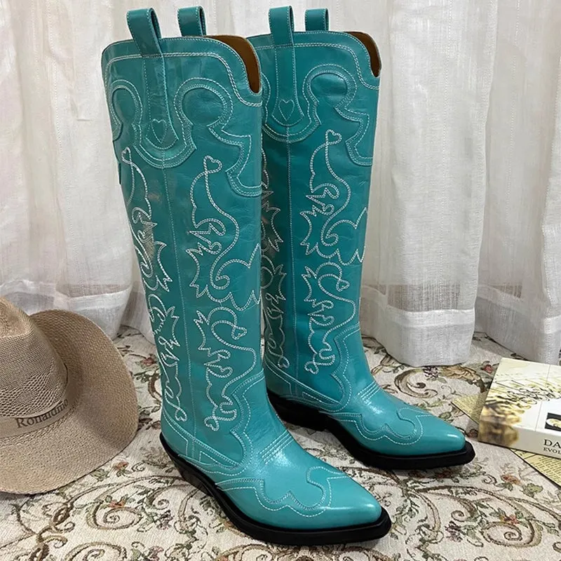 Womens Contrasting Embroidery Western Boots Knee High Cowboy Boots Maxct