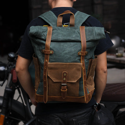 Green and Brown Waxed Canvas Luxury Leather Backpack Gentcreate