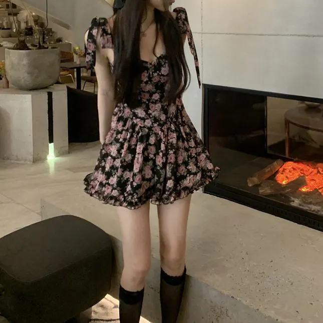 Maxct Women Sleeveless Dresses Floral Above Knee Sweet Hot Trendy Slim Sexy Ruffles Kawaii Elegant Temperament Mujer Retro Bow Teens