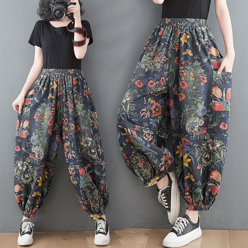 Maxct Women Autumn Retro Blossom High-Waist Harem Pants