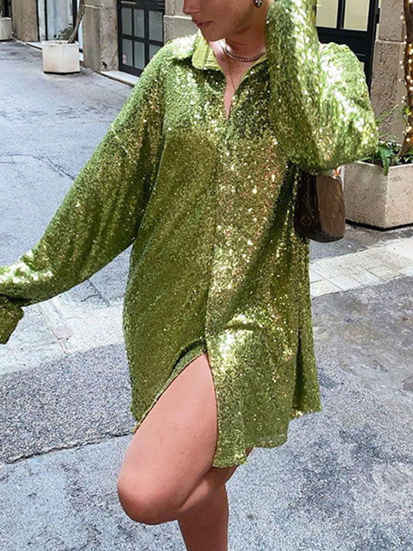 Sequin Long Sleeve Shirt Party Mini Dress Maxct