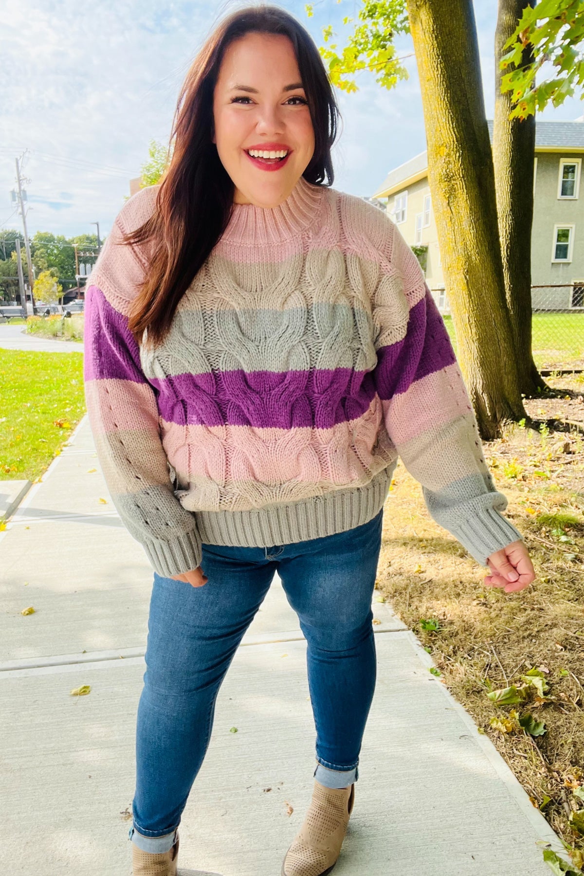 Maxct &Fall For You Mauve Multicolor Stripe Cable Knit Mock Neck Sweater