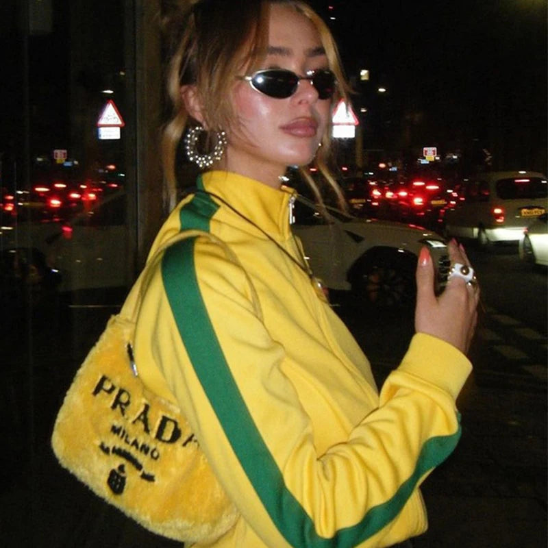 Maxct 2000s Retro Grunge Gothic Jacket Coat Y2K Aesthetic Vintage Yellow Sweatshirts Letter Embroidery Graphic Pattern Zip Up Coat