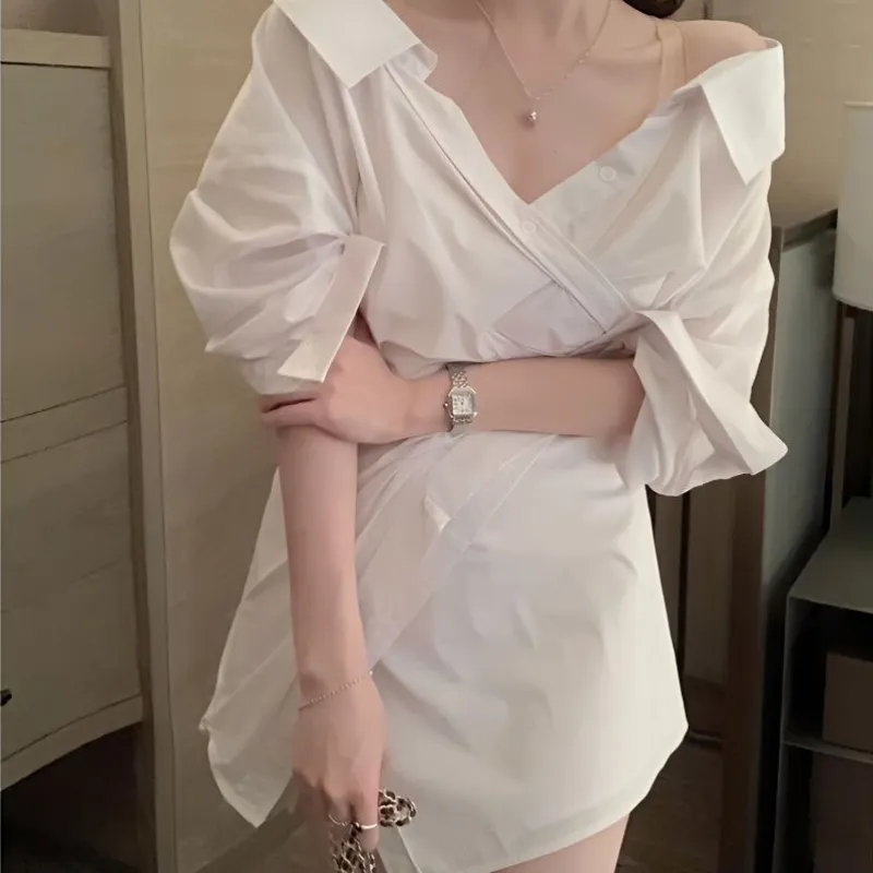 Maxct Sleeve Dresses Women Fashion New Sexy Ladies Off Shoulder White Solid Summer Female Mini Dress Leisure V-neck BF Irregular