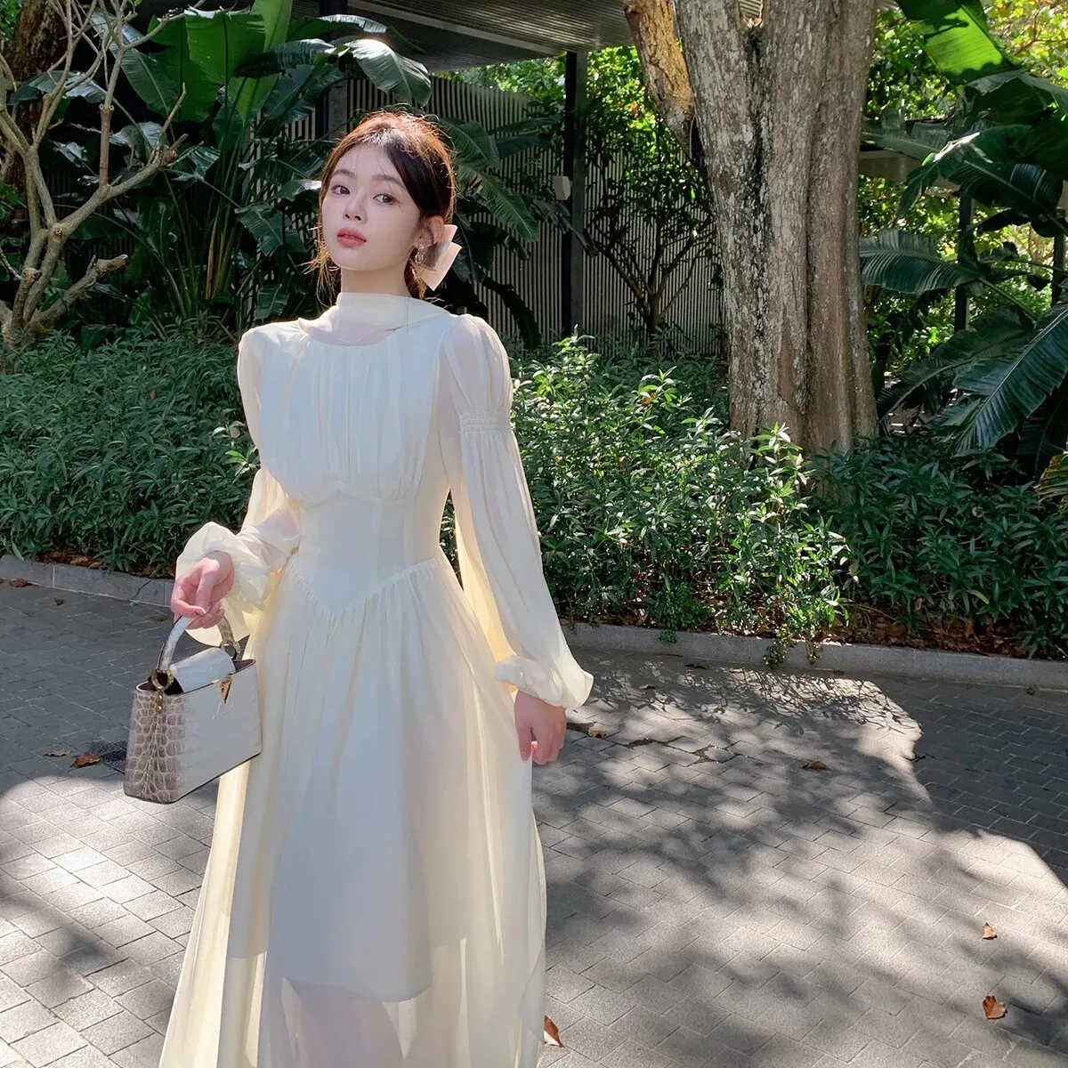 Maxct French Chiffon Midi Dresses for Women Elegant Long Sleeve Slim Ruffle Dress Gentle Fairy Clothes Sweet Puffy Short Dress