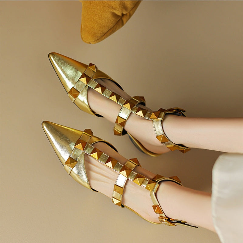 T Strap Rockstud Ankle-strap Flat Sandals Point Toe Slingback Maxct