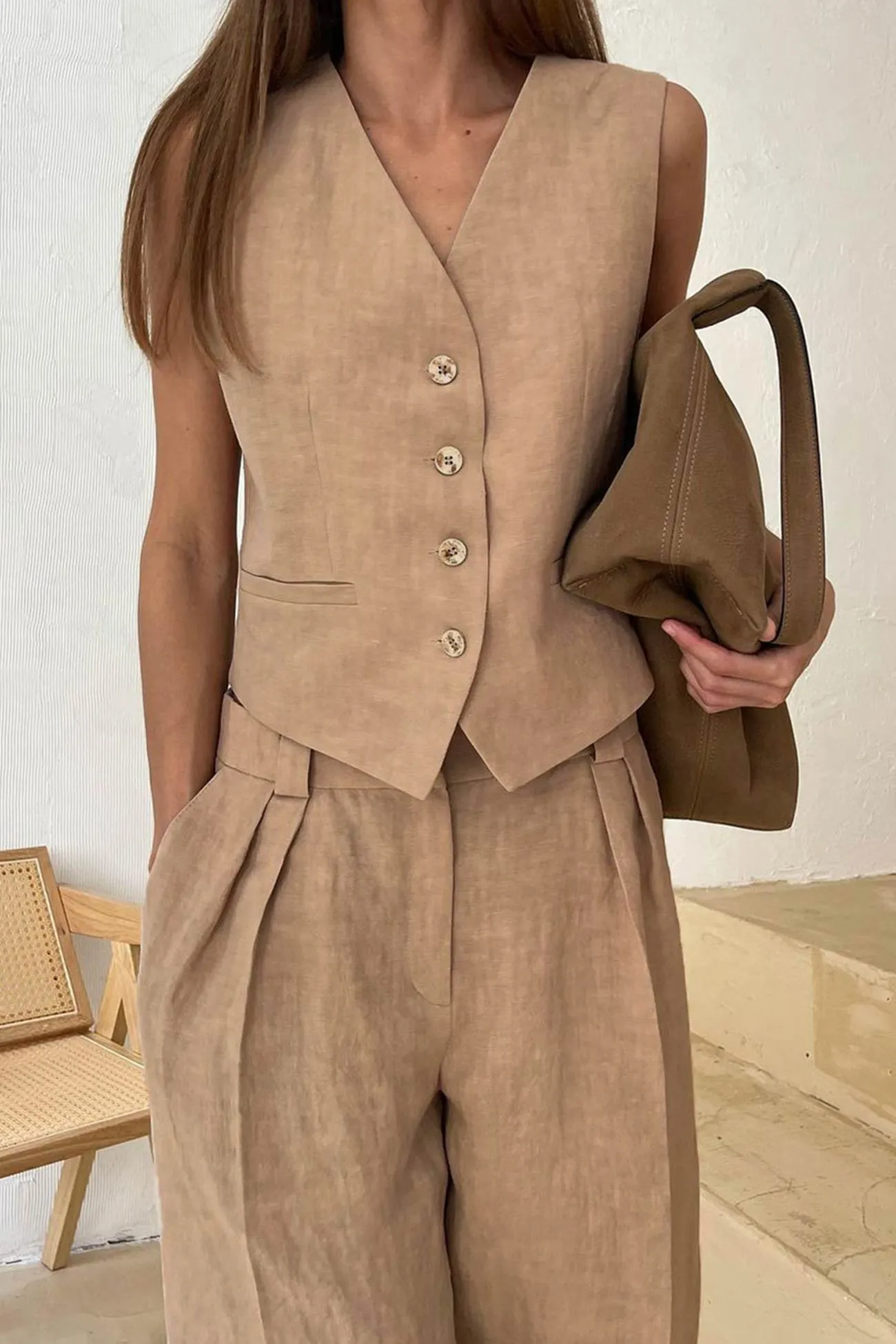 Maxct Cotton Linen Tank Top Pants Suits