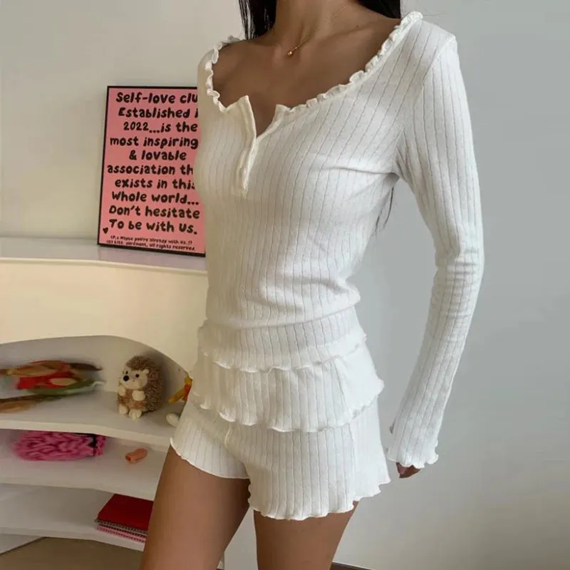 Maxct 90s Vintage 2 Piece Set Women Sleepwear Fairy Cottage Loungewear Sweet Girl Long Sleeve Crop Top T-shirt + Shorts Y2K Outfits