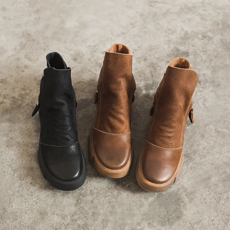 Soft Cowhide Retro Chunky Ankle Boots Black/Coffee Maxct