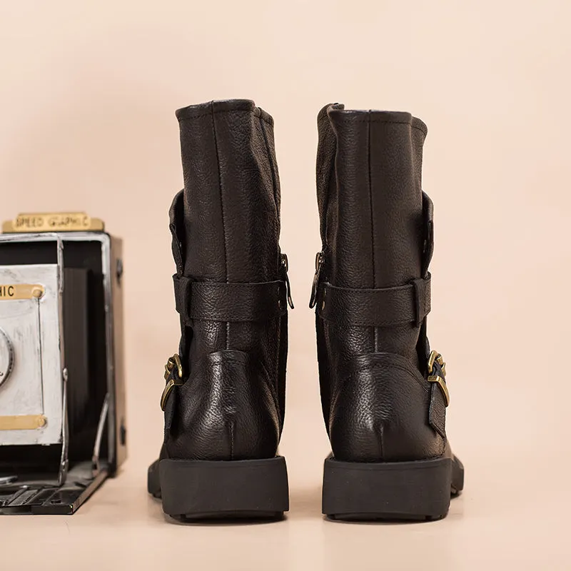 Womens Retro Mid Calf Boots for Winter Buckles Boots Coffee/Brown/Black Maxct