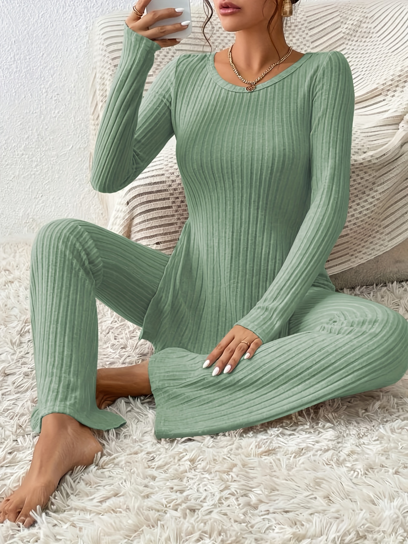 Solid Textured Two-piece Set, Long Sleeve Slit Long Length Top & Skinny Pants Outfits, Women's Clothing