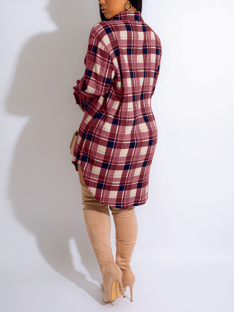 Long Sleeve Plaid Buckle Shirt Dress Maxct