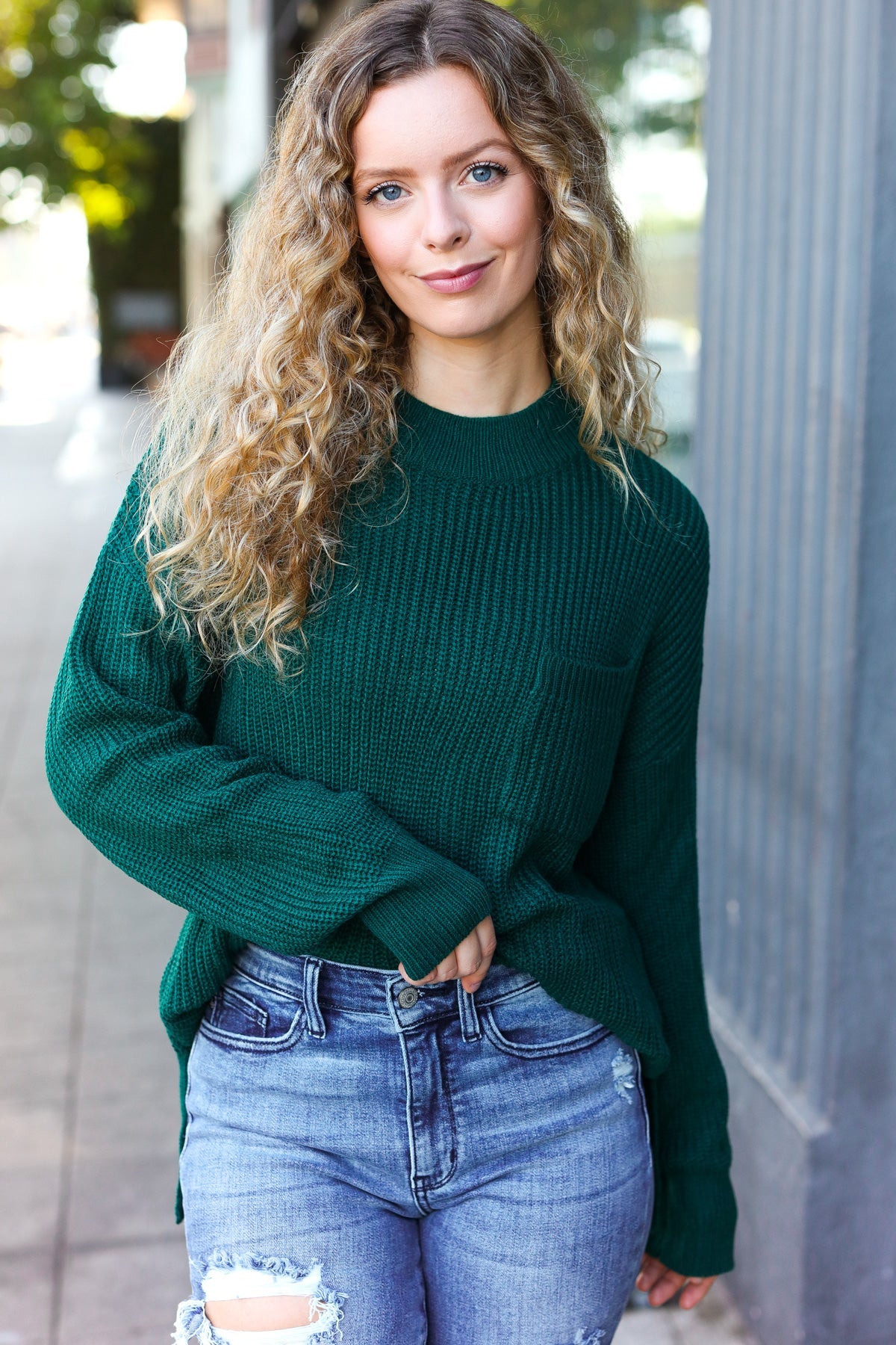 Maxct &Classy Chic Hunter Green Mock Neck Chest Pocket Knit Sweater