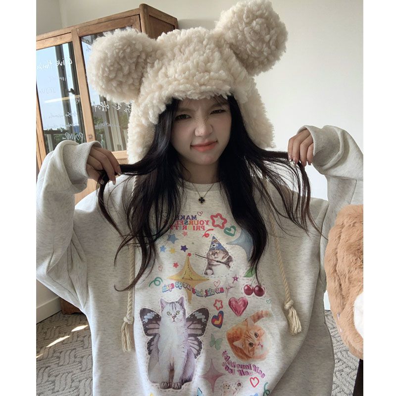 Kawaii Cat Print Hoodie Women Cutecore Long Sleeve Sweatshirt American Retro E-girl Kitten Angel Graphic Alt Clothes Y2k