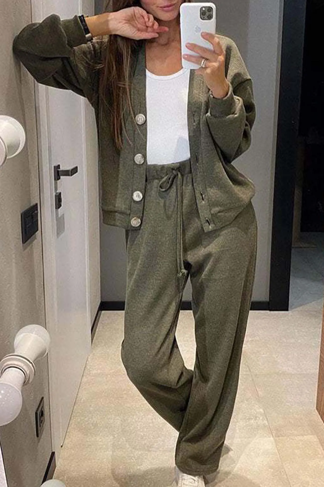 Maxct Solid Color Button Down Cardigan Long Pants Set