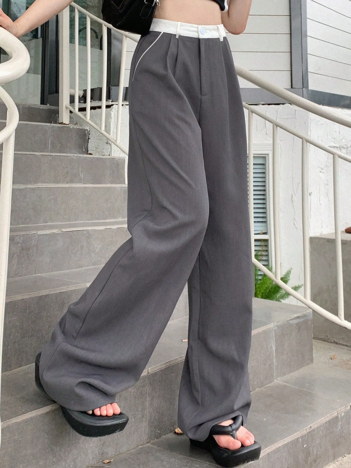 Maxct Women Colorblock Pleated Wide Leg Casual Suit Pants With Pockets