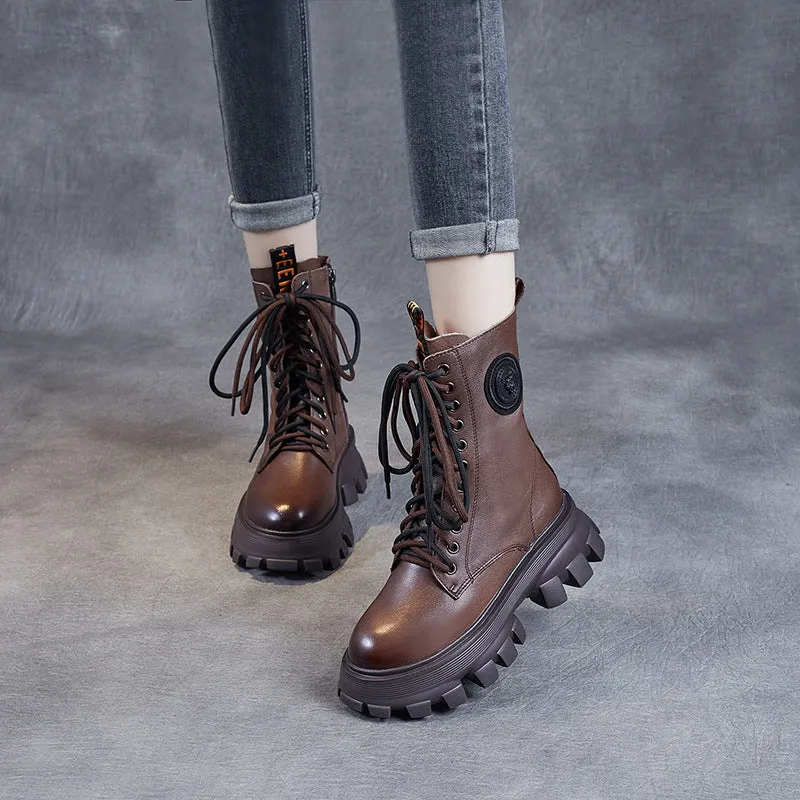 Retro Classic Chunky Heel Leather Mid-Calf Boots for women
