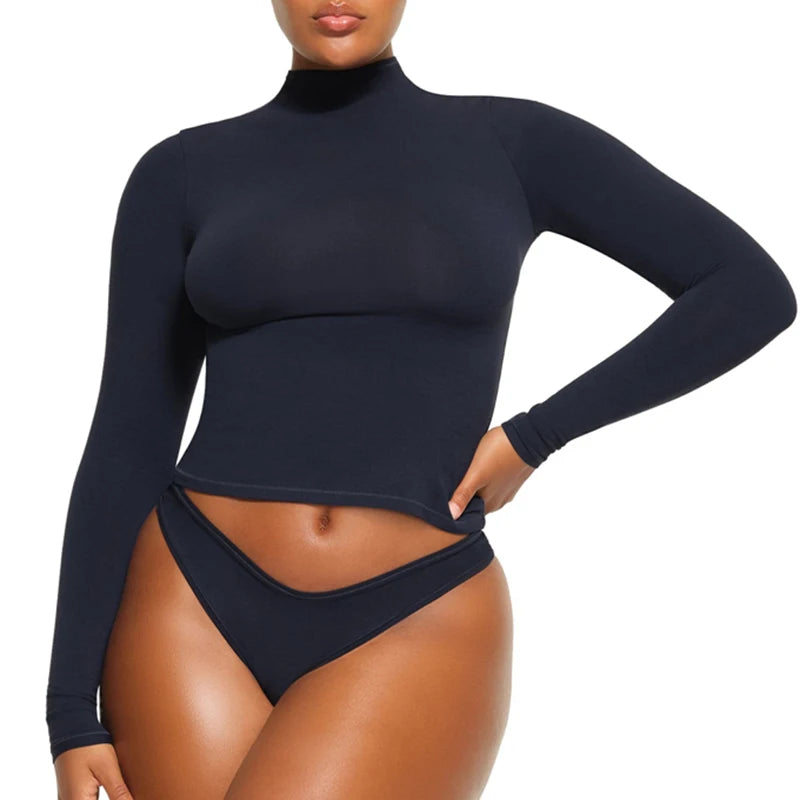 Maxct Solid Color Slim Fit T-shirt Women Spring Autumn Basic Crop Tops Casual Long Sleeve High Neck Female Fashion Tees Clothes