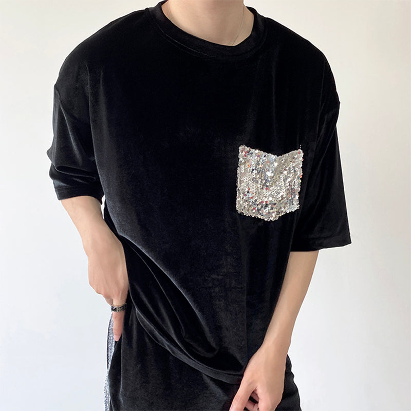 Maxct Glitter Sequin Pocket Velvet T-Shirt Shorts Set