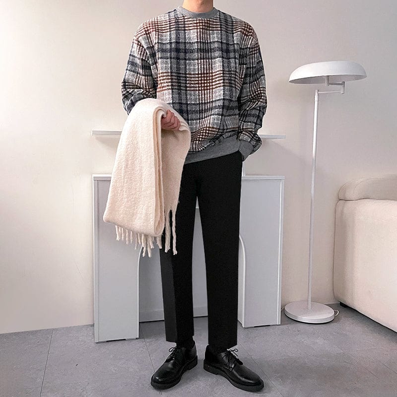 Maxct 6164 Knitted Crewneck Plaid Sweater