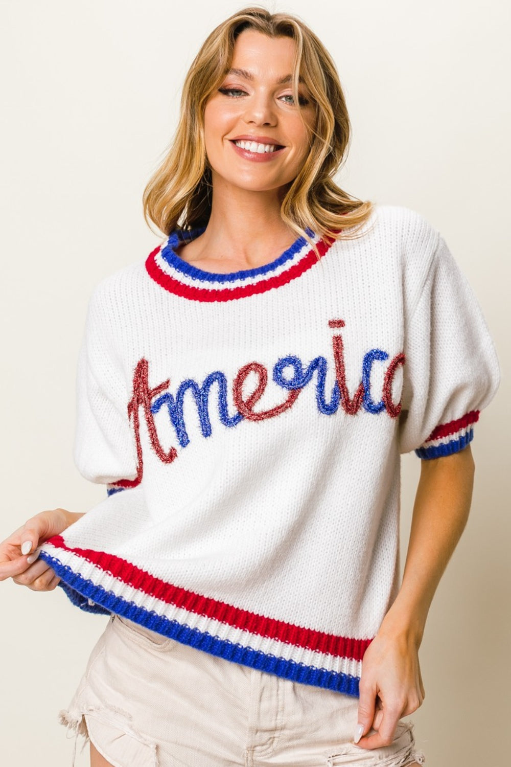 Maxct &BiBi Metallic America Letter Short Sleeve Sweater