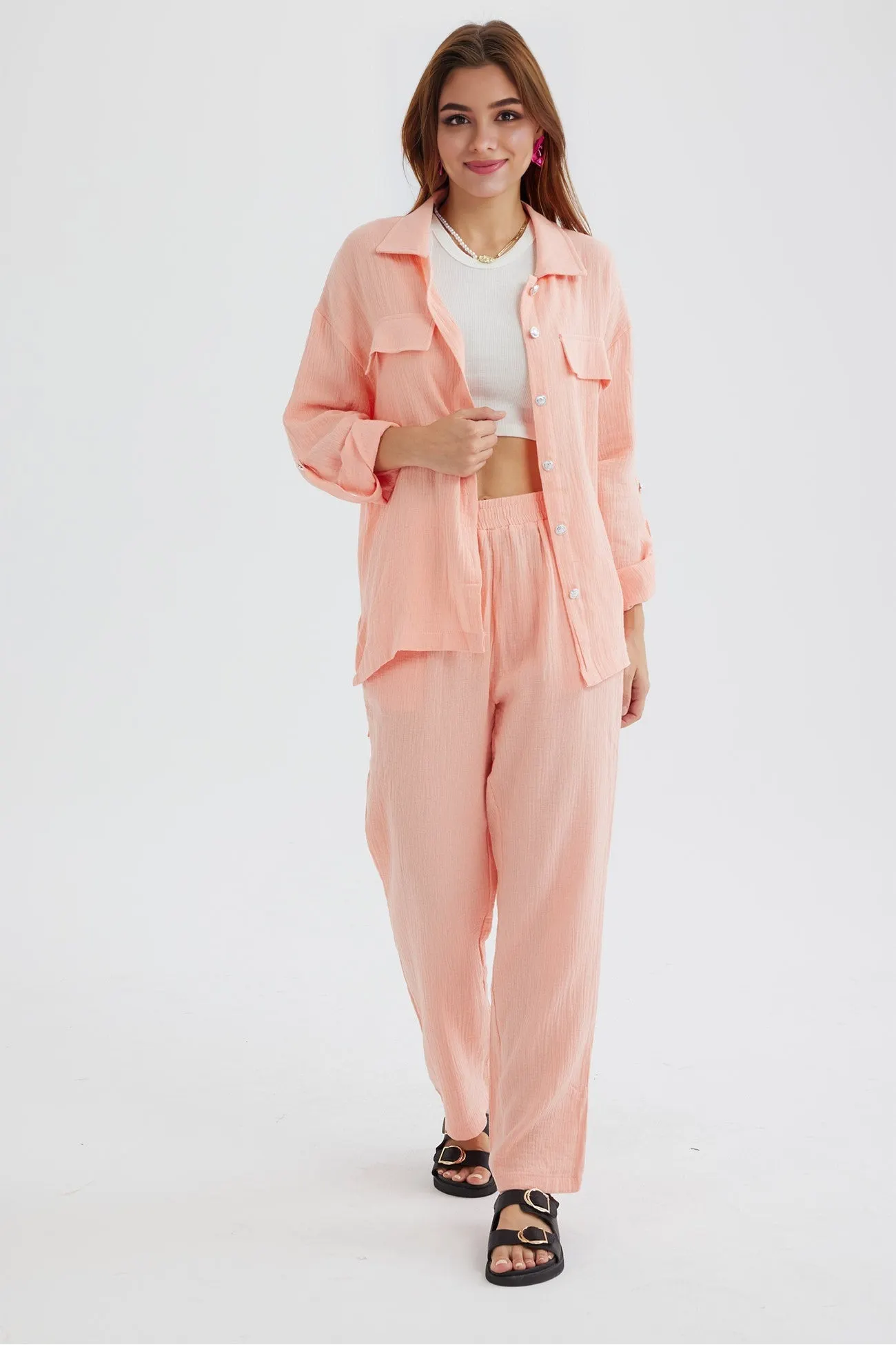 Maxct Long Sleeve Pocketed Slit Shirt Long Pants Suits