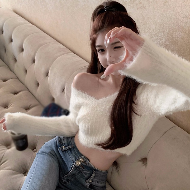 Maxct Women's Sweater Slim Fashion Solid Color Long Sleeves Top Sexy Expose Navel Y2k Clothing