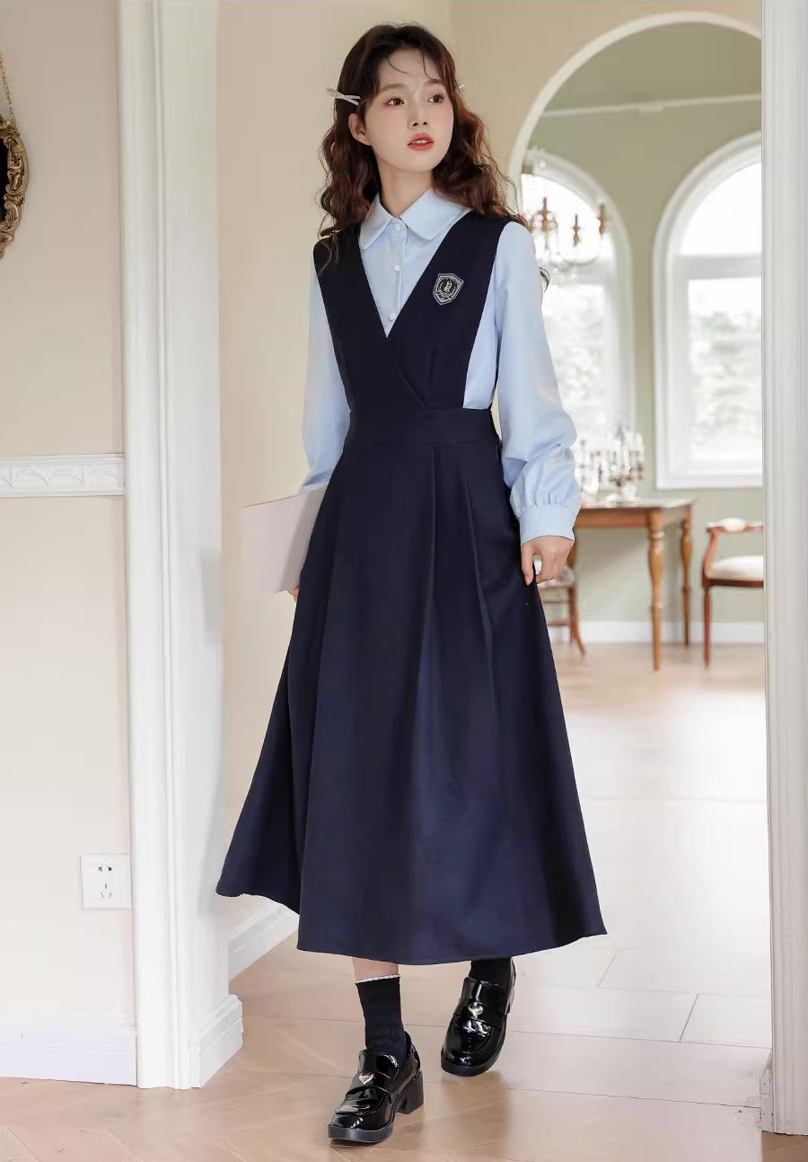 Corduroy Suede Midi Pinafore Dress & Blouse Set Maxct