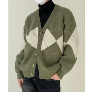 Maxct Green V-neck Argyle Cardigan Sweater