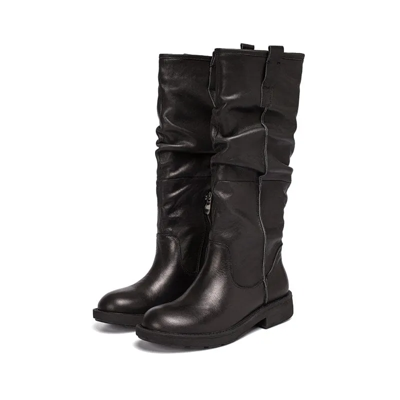 Waxing Knee High Boots Fold Design Riding Boots Buckle Boots Maxct