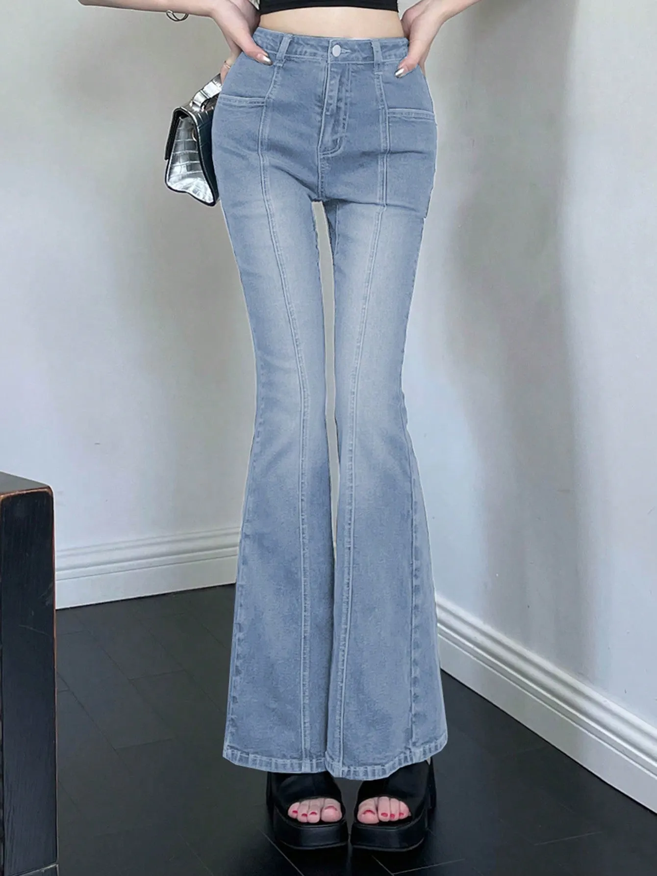 Maxct Solid Color Flared Denim Pants With Pockets, Casual