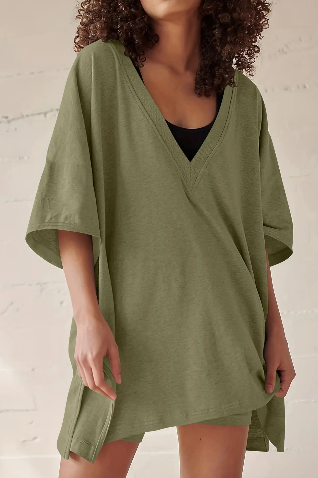 Maxct V Neck Side Slit T-shirt Bodycon Shorts Set