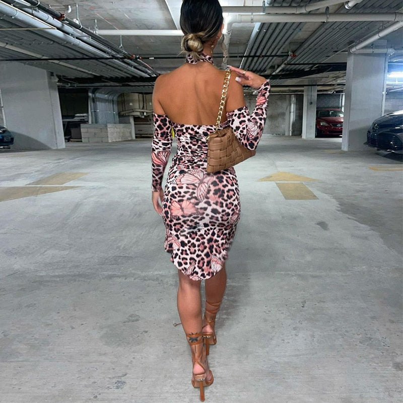 Voguable outfits Long Removable Sleeves Backless Butterfly Print Hollow Out Dress Fall Streetwear Y2K Maxct