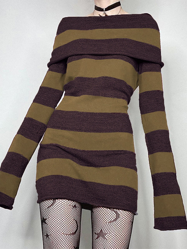 Off Shoulder Long Sleeve Striped Knit Mini Dress Maxct