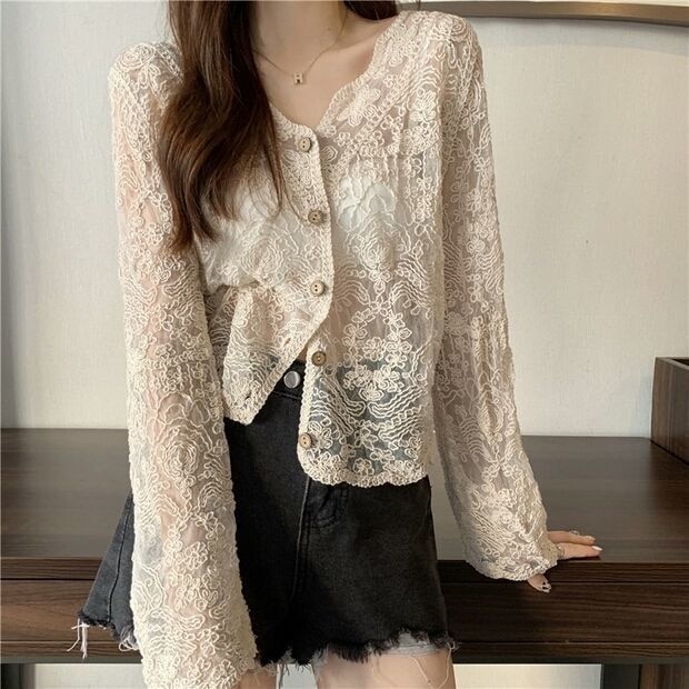 See Through Shirt Women Lace Blouse Summer Sun-Proof Sweet Sheer Tops Preppy V-Neck Casual Trendy Harajuku Basic Korean Blouse