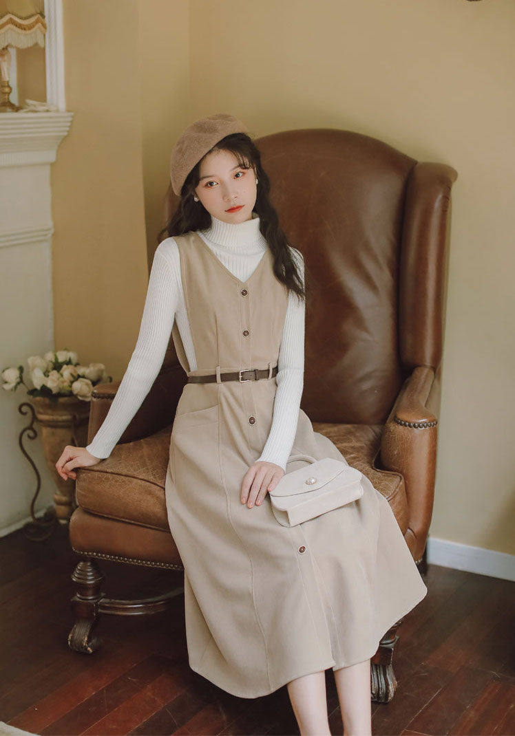 Button Up Suede Pinafore Dress Maxct