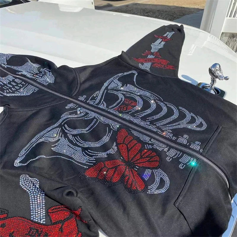 Unisex Rhinestone Skeleton & Butterfly Zip Hoodie
