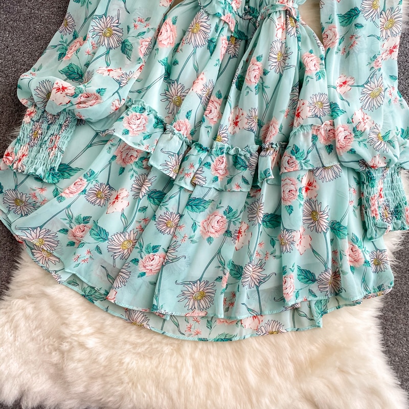 Women's Green/Purple/Beige Floral Chiffon Dress Bohemian V-Neck Lantern Long Sleeve High Waist Ruffle Vestidos Female New