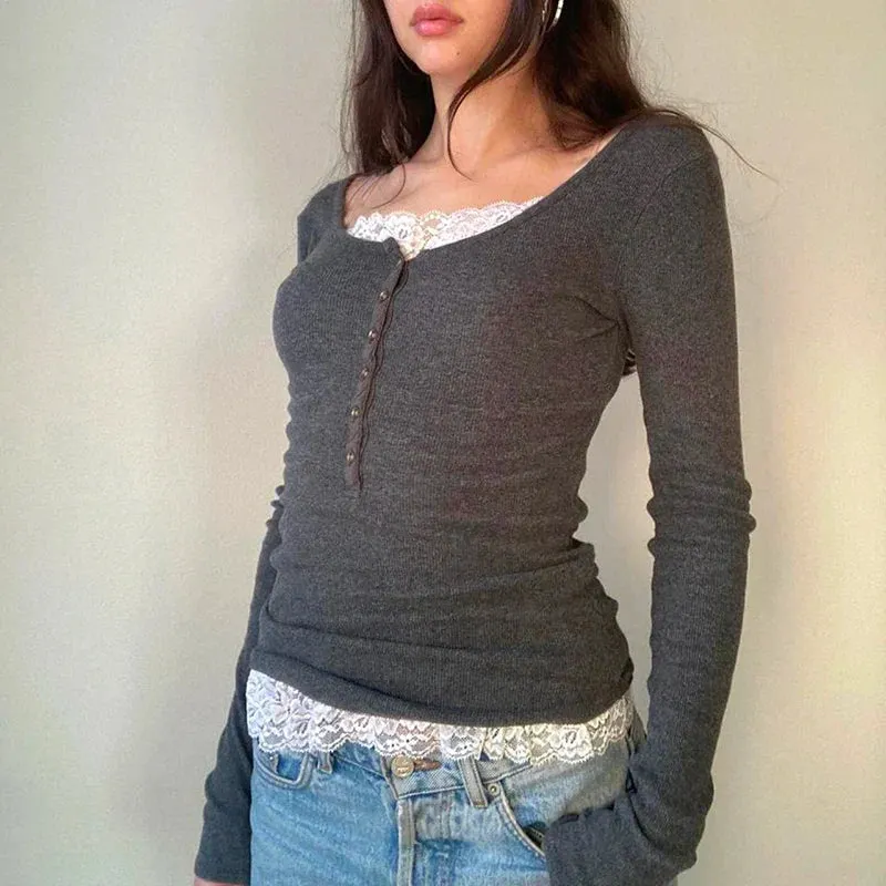 Maxct Y2K Fairy 90s Vintage V Neck Crop Tops Women 00s Retro Cottage Grunge T-shirt Autumn Ribbed Knitted Long Sleeve Slim Fit Tees