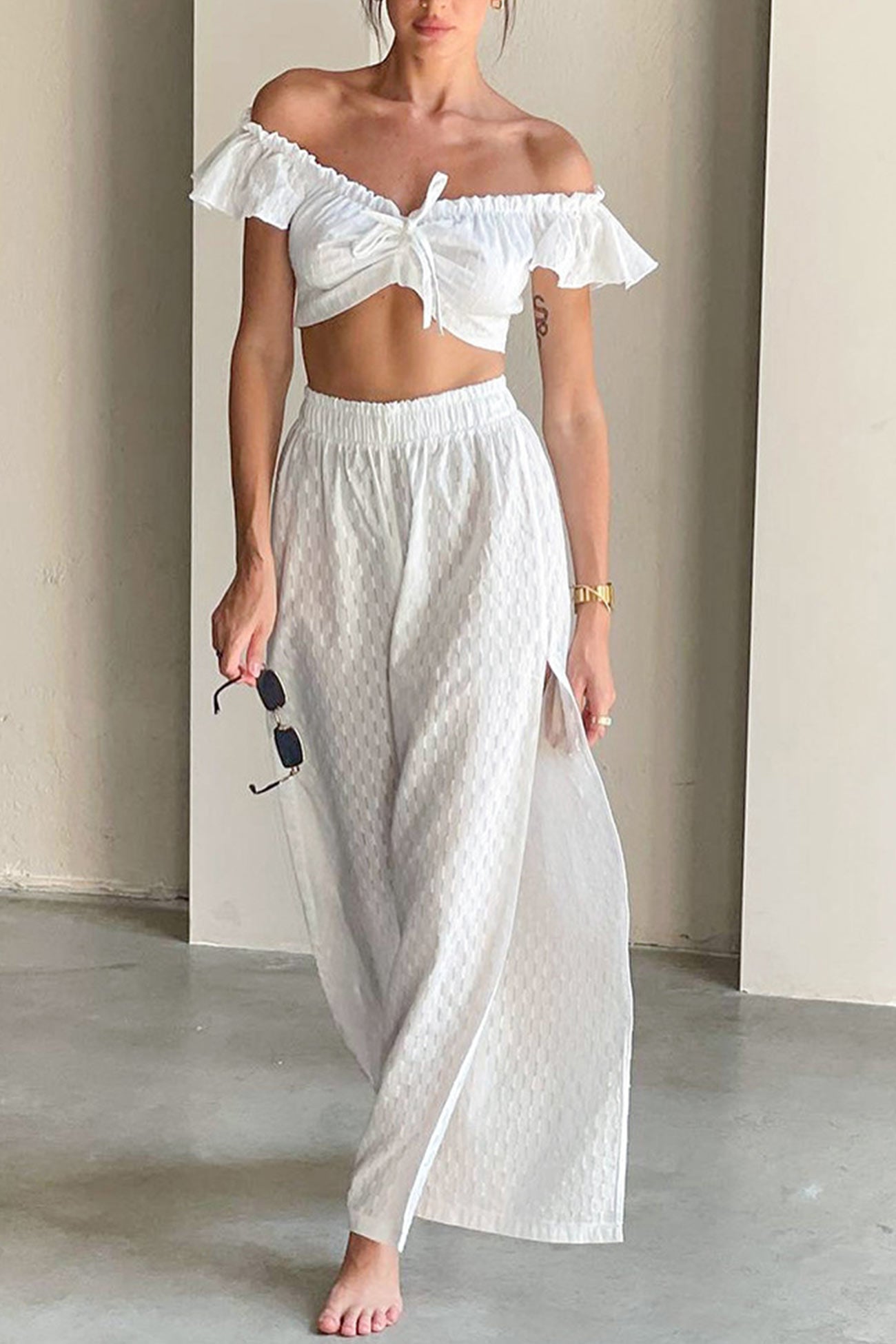 Maxct Cotton Ruffle Sleeve Slit Pants Suits