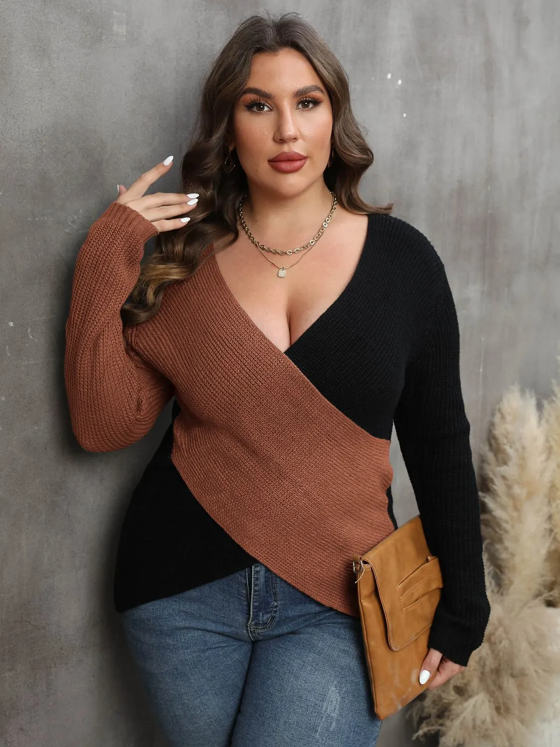 Maxct &Plus Size Two-Tone Surplice Neck Sweater