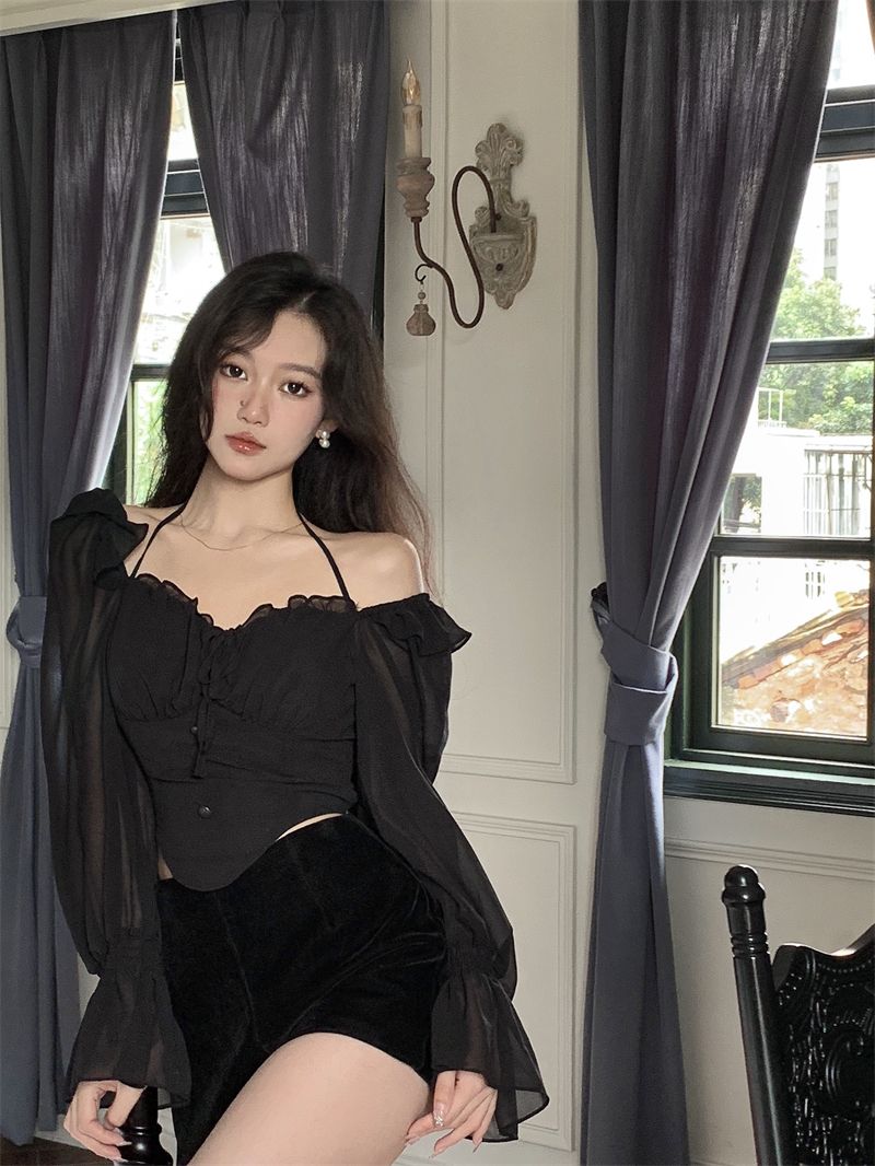 Shirts Blouses Spring Autumn Halter Off Shoulder Ruffles Patchwork Blusa Feminina Vintage Elegant Sexy Camisas De Mujer