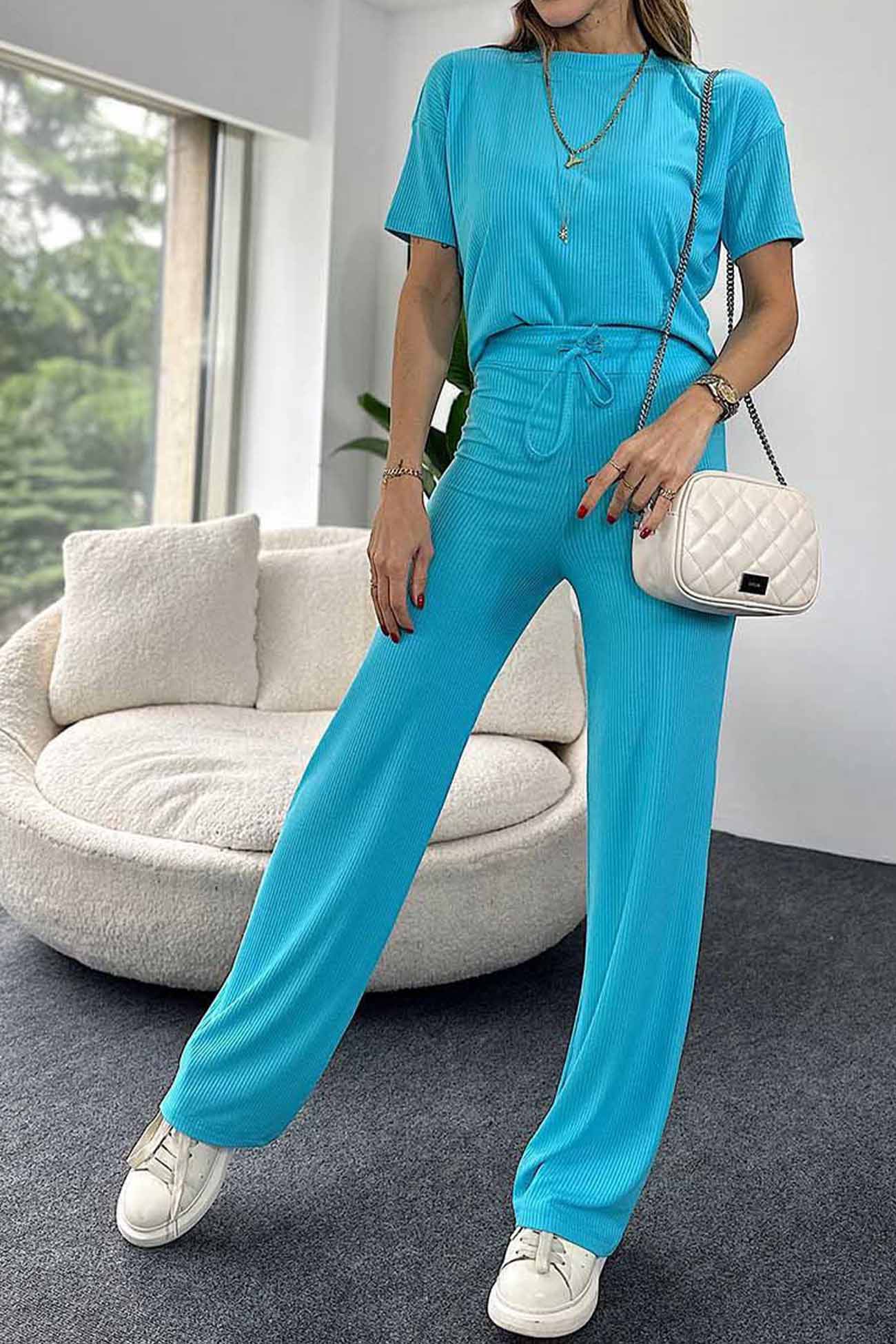 Maxct Ribbed Short Sleeve Drawstring Long Pants Set