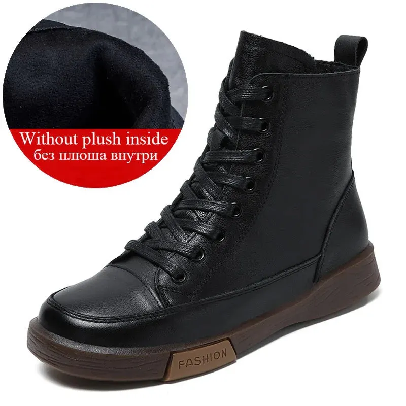 Handmade Retro Leather Ankle Boots Women's Winter Flats Maxct
