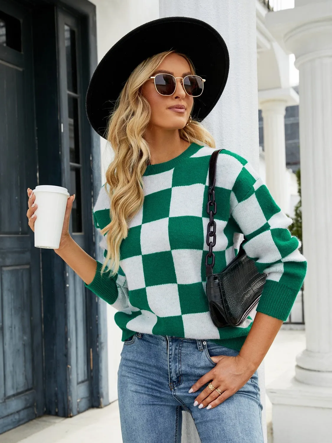 Maxct &Checkered Round Neck Sweater